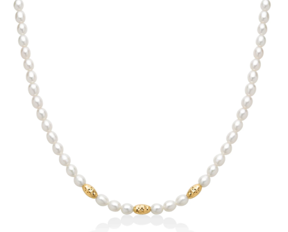 Immagine di COLLANA PEPITE DI PERLE 5-5.5 CON TRE ELEMENTI IN ARGENTO DORATO DIAMANTATO.